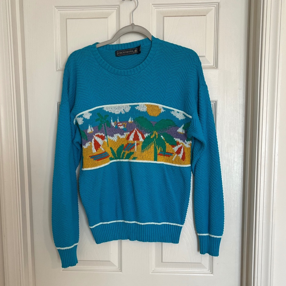 Crossings Blue Beach Themed Sweater 100% Cotton